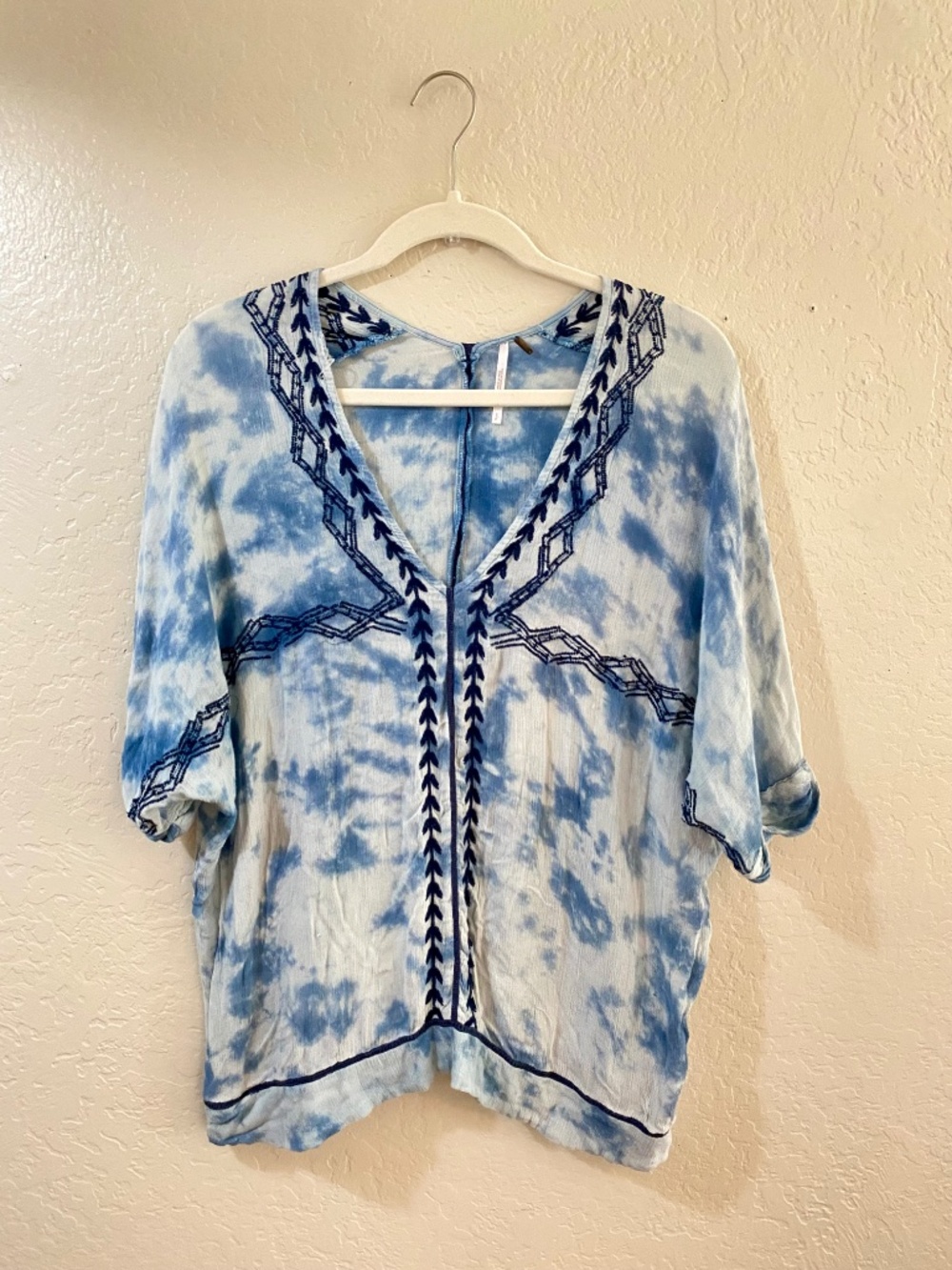 Free People Blue Tie-Dye Embroidered V-Neck Women's Top